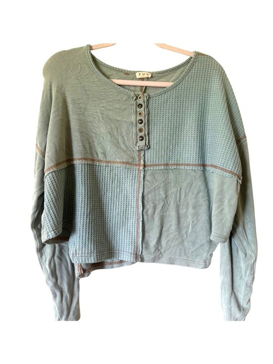 POL Tops - POL Oversized Alexa Pieced Waffle Knit Henley In Dusty Aqua & Sage Med Long Slv